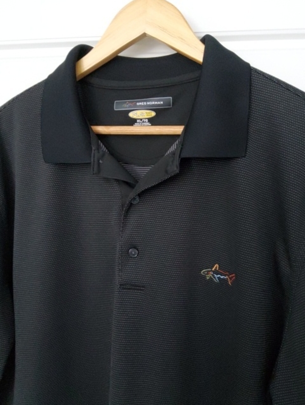 Greg Norman Collection Black Short-Sleeve Polo with Multicolor Shark Logo
